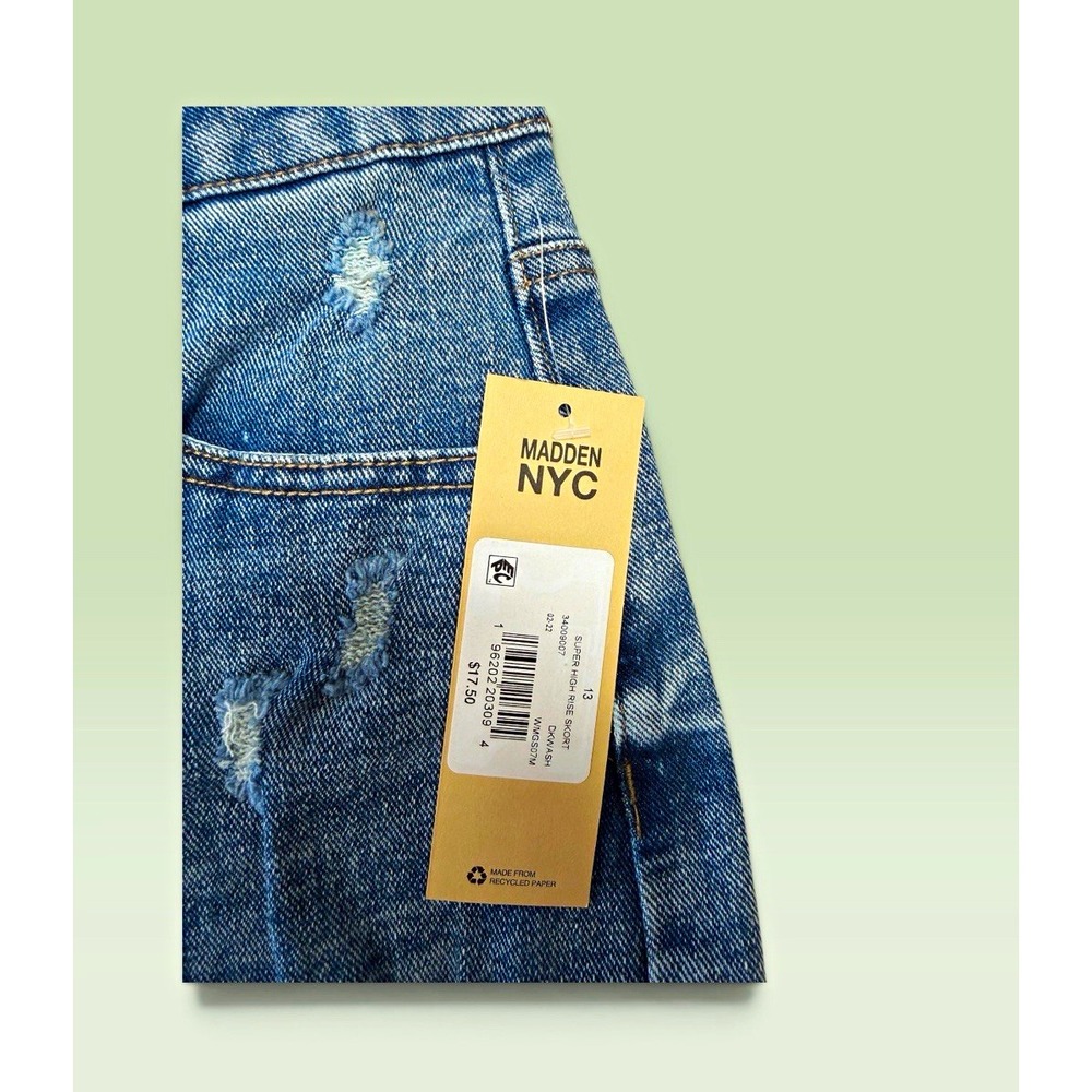 Madden NYC Super High Rise Denim Skort 13 NWT Distressed Frayed Asymmetric Blue